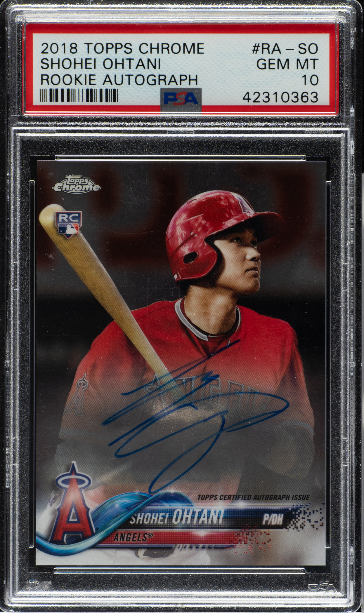 This 2018 Topps Chrome Rookie Autograph #RA-SO Shohei Ohtani Rookie PSA GEM MINT 10 was one of two baseball cards that led the January Auction results, selling for $24,600