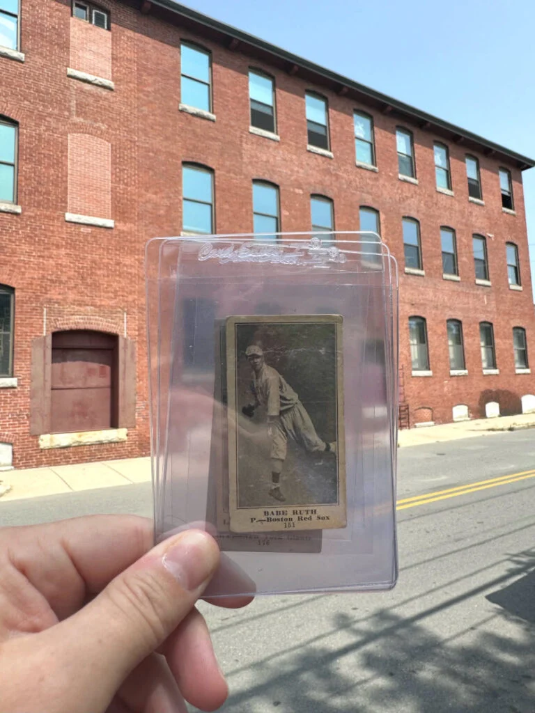 The rare Babe Ruth card in front of the building that once held the Morehouse Baking Company