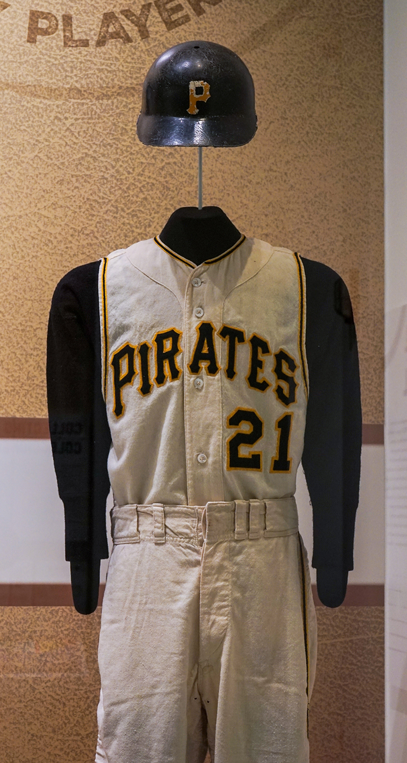 Roberto Clemente Pittsburgh Pirates home uniform and batting helmet, 1966. Loan from The Stephen Wong Collection