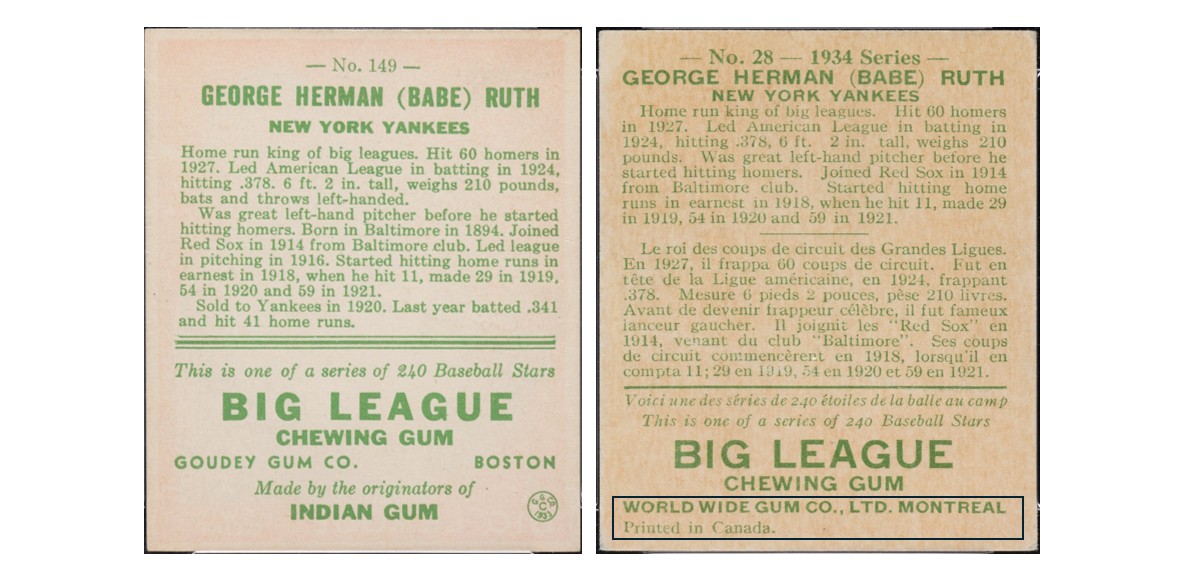 Reverse comparison of Goudey vs World Wide Gum cards