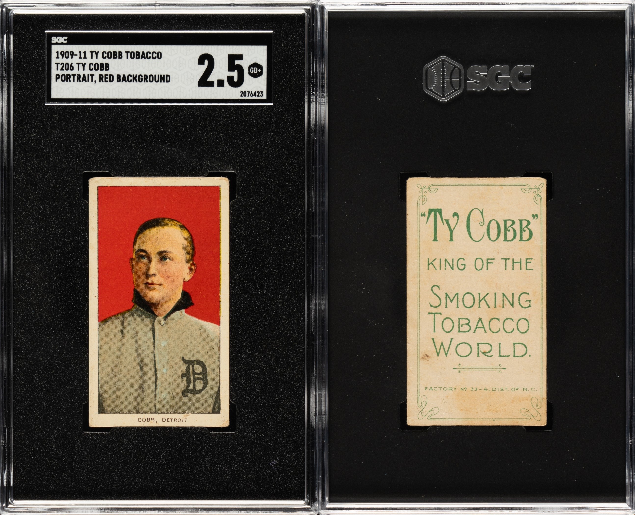 This newly discovered T206 Ty Cobb Portrait Red Background SGC GOOD+ 2.5 featured an extremely rare Ty Cobb Tobacco back and sold for $337,704