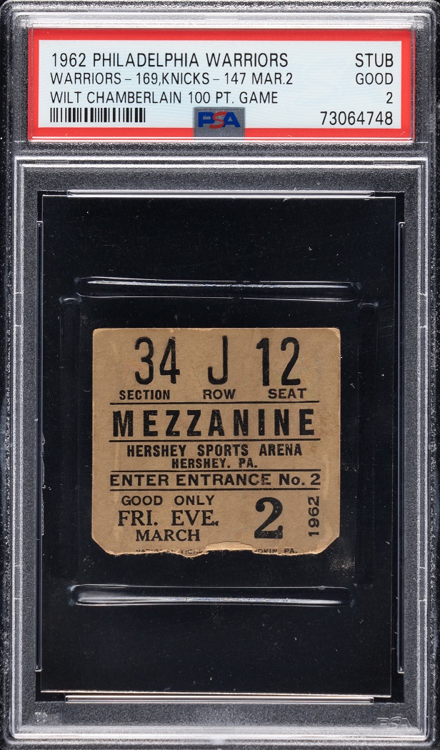 The mezzanine-level ticket from Wilt Chamberlain's 100-point game at the Hershey Sports Arena in Hershey, PA