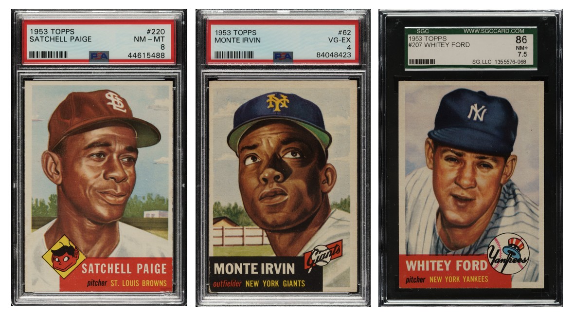 1953 Topps Satchel Paige, Monte Irvin, and Whitey Ford