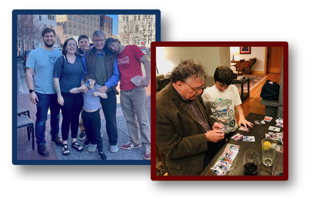 (Left) Ken Neill with his grandchildren; (Right) Ken examines cards with his grandson