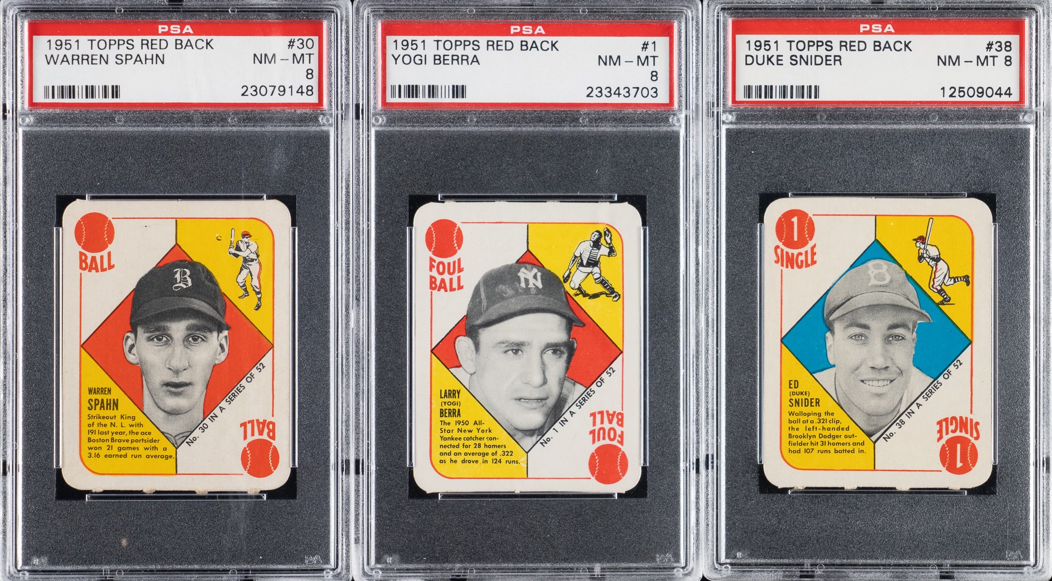 The 1951 Topps set was a playing card game issued in red and blue backs. Hall of Famers Warren Spahn, Yogi Berra and Duke Snider were three of the key cards.
