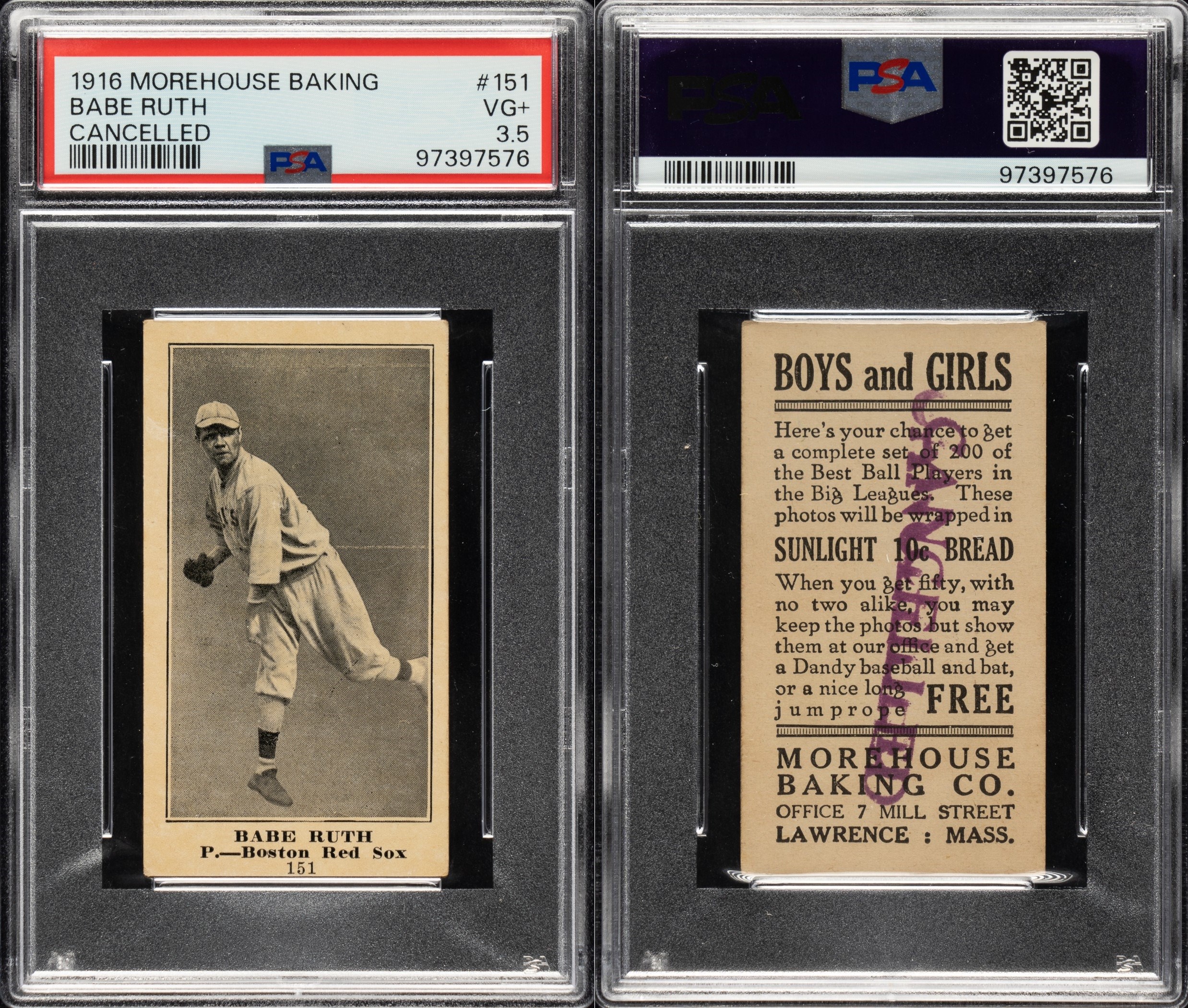 The 1916 Morehouse Baking Babe Ruth rookie was the top seller in the auction, going for $812,724