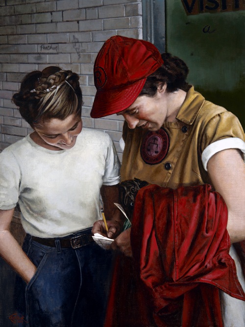 Dorothy Kamenshek with a young fan in 1947. "Dottie" was a key player in popularizing the All-American Girls Professional Baseball League and the character of Dottie Hinson played by Geena Davis in the 1992 film A League of Their Own was loosely based on her.