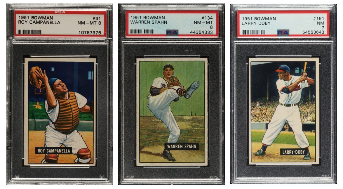 1951 Bowman Roy Campanella, Warren Spahn, and Larry Doby
