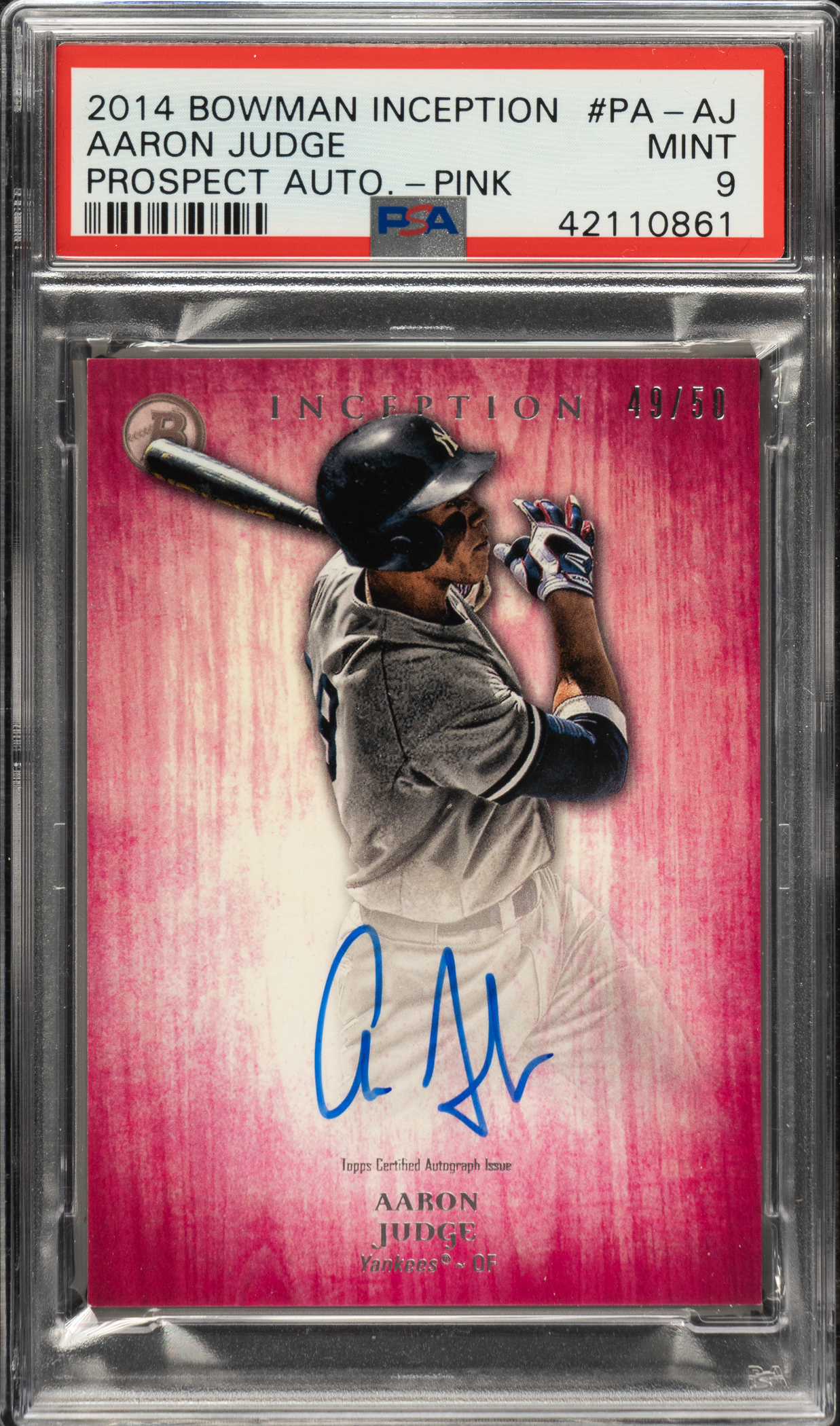 Ryan also has this 2014 Bowman Inception Prospect Autograph #PA-AJ Aaron Judge Pink #49/50 PSA MINT 9 as part of the Fall Catalog Auction at REA