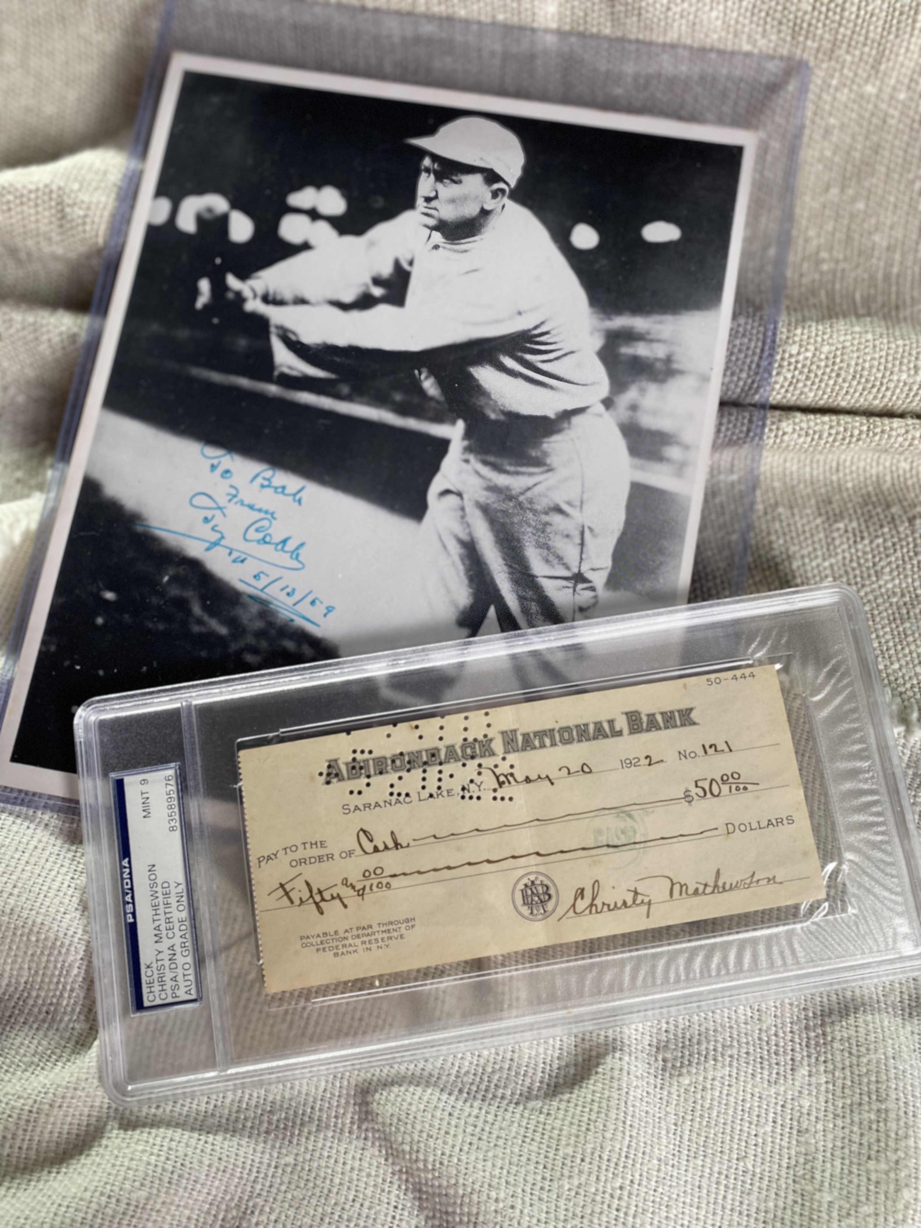 A Ty Cobb signed photo and a Christy Mathewson signed check are two of the notable items from Matt Huber's expansive collection